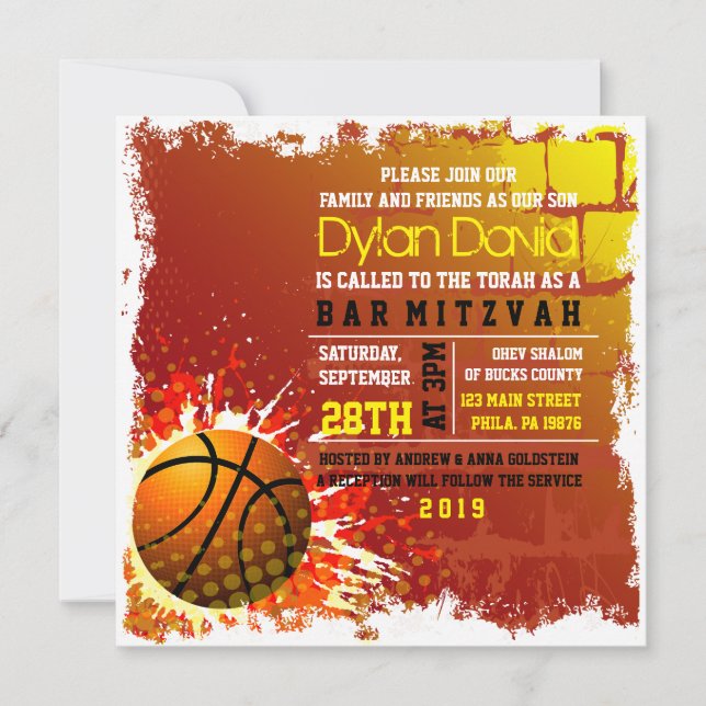 BASKETBALL GRUNGE Bar Mitzvah Invitación (Anverso)