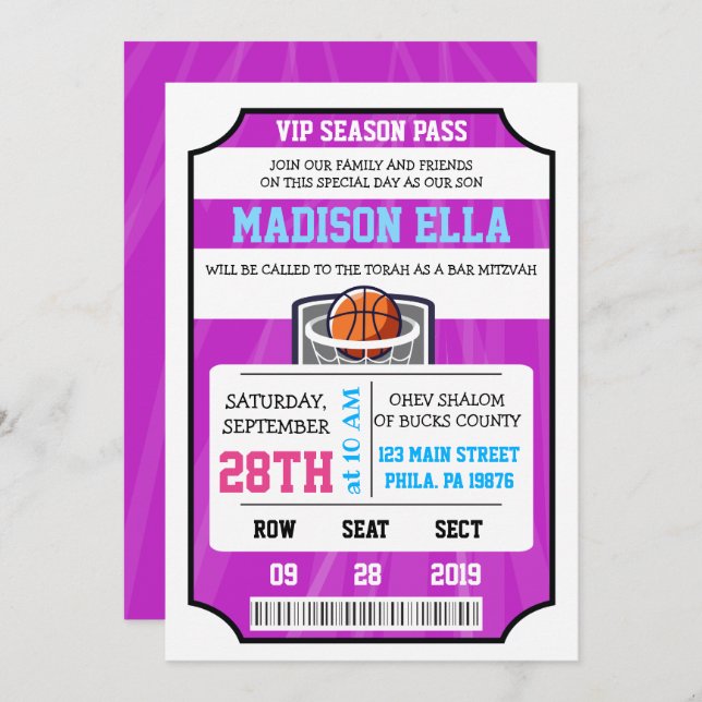 BASKETBALL VIP TICKET Bar Bat Mitzvah Invitación (Anverso / Reverso)