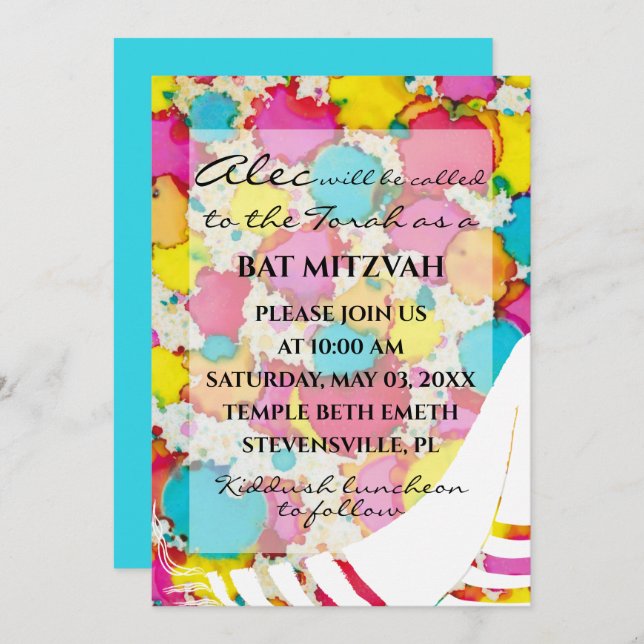Bat Bar Mitzvah Confetti Tallit Invitación (Anverso / Reverso)