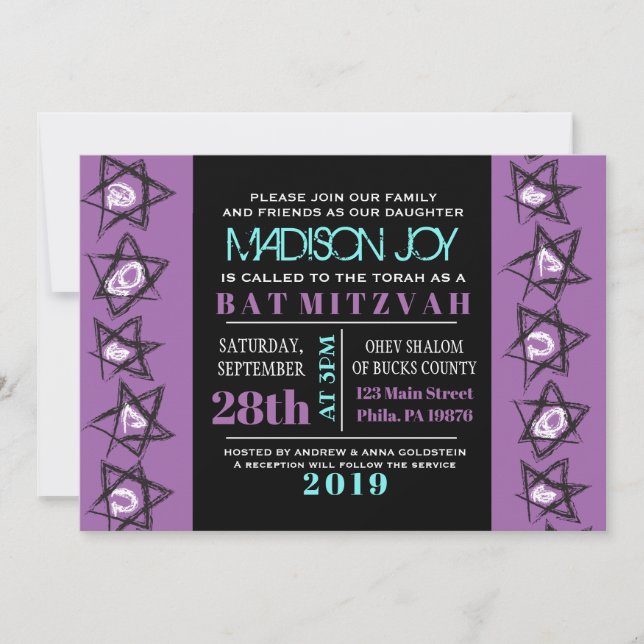 Bat Bar Mitzvah Invitación de las ESTRELLAS DE DIB (Anverso)