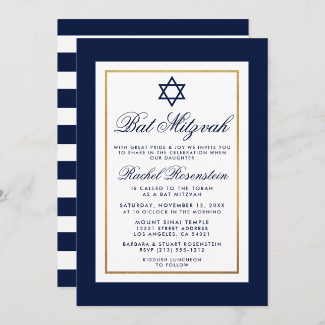 Bat Mitzvah Bandas azules y blancas Invitación al  (Anverso / Reverso)