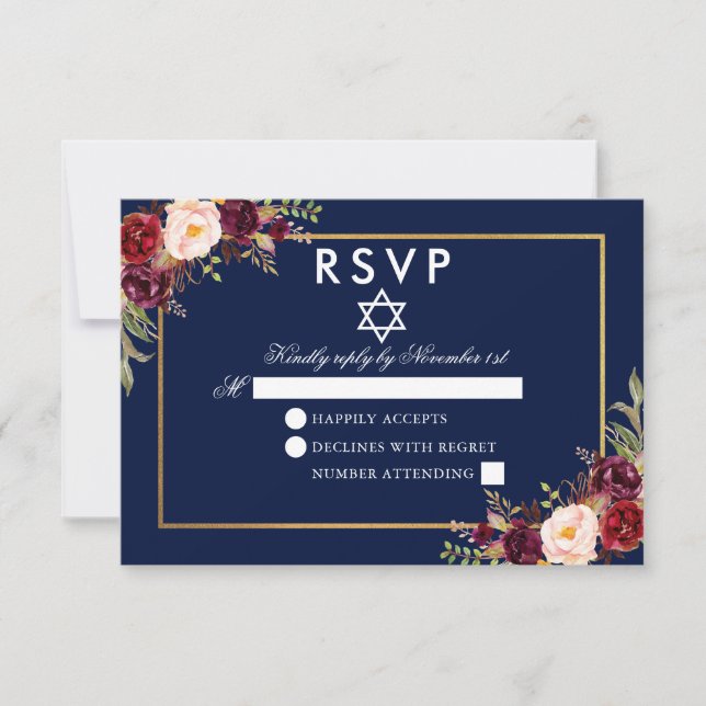 Bat Mitzvah Blue Burgundy Floral Gold RSVP (Anverso)