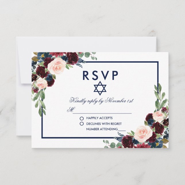 Bat Mitzvah Burgundy Blue Floral RSVP (Anverso)