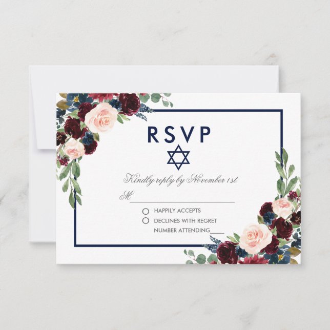 Bat Mitzvah Burgundy Blue Floral Silver RSVP (Anverso)