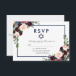 Bat Mitzvah Burgundy Blue Floral Silver RSVP<br><div class="desc">Watercolor Borgoña Marsala Azul Floral Bat Mitzvah Plata Tarjeta RSVP</div>