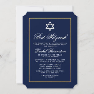 Bat Mitzvah Elegant Blue and Gold Invitación
