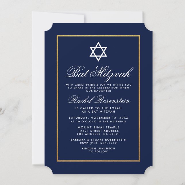 Bat Mitzvah Elegant Blue and Gold Invitación (Anverso)