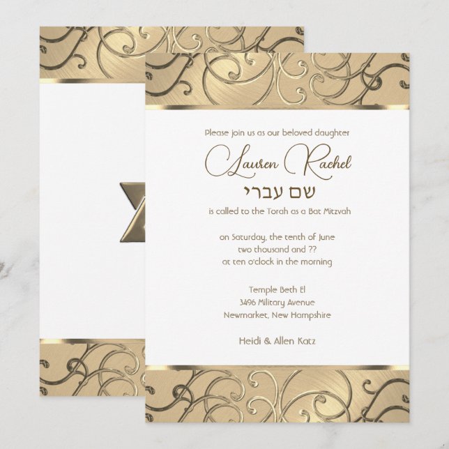 Bat Mitzvah Elegant Gold Filigree Invitación (Anverso / Reverso)