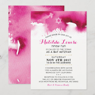BAT MITZVAH HEBREW invitación a acuarela rosa bril