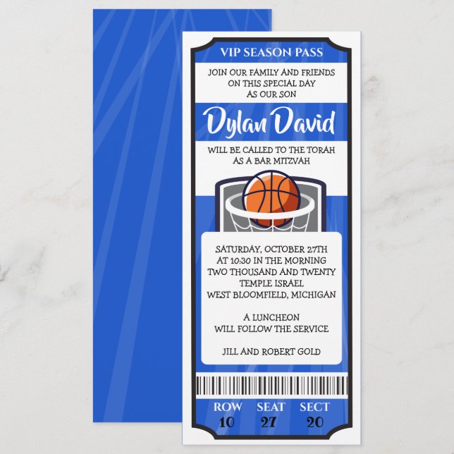 Bat Mitzvah Invitación a BASKETBALL TICKET Bar (Anverso / Reverso)