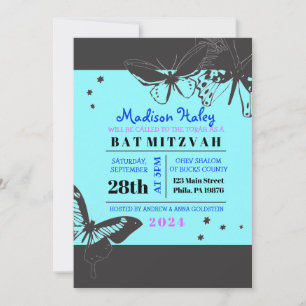 Bat Mitzvah Invitación a BLACK & BLUE BUTTERFLY