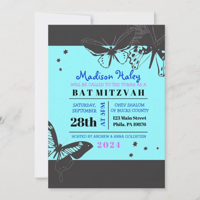 Bat Mitzvah Invitación a BLACK & BLUE BUTTERFLY (Anverso)