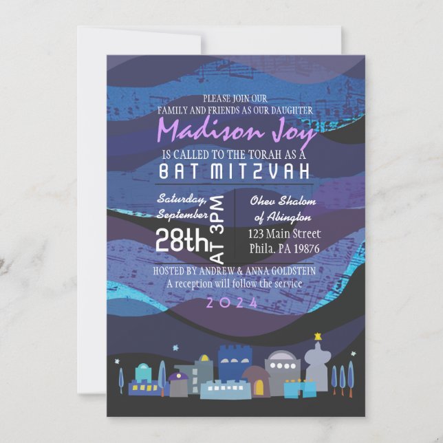 Bat Mitzvah Invitación a Jerusalem Musical Sky Bar (Anverso)