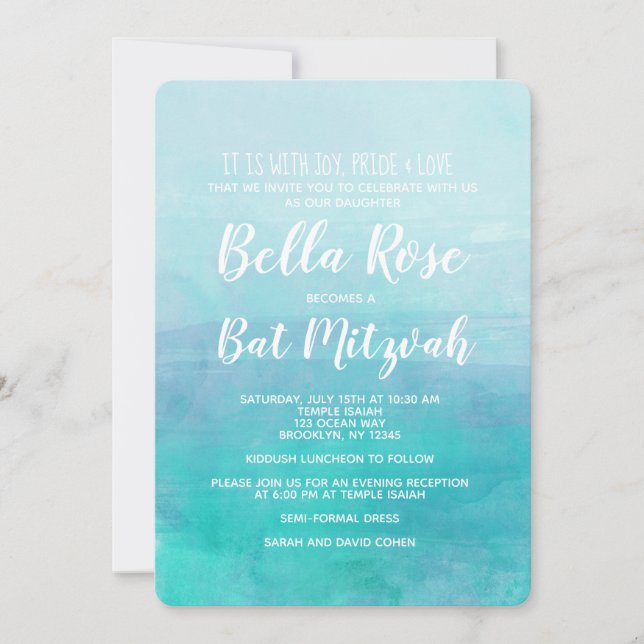 Bat Mitzvah Invitación Blue Watercolor Ombre (Anverso)