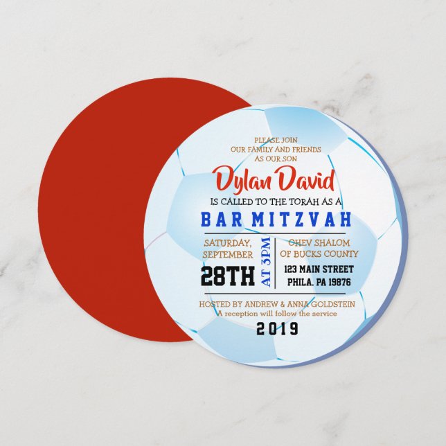 Bat Mitzvah Invitación de SOCCER ROUND Bar (Anverso / Reverso)