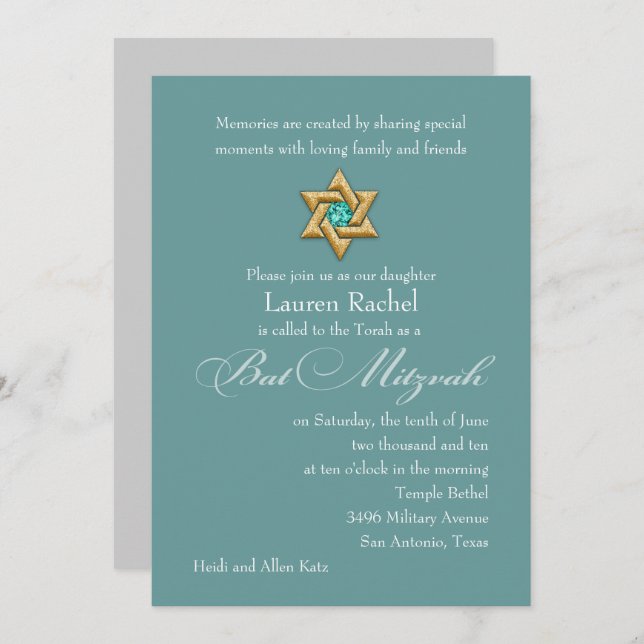 Bat Mitzvah Invitación Estrella de Oro de David (Anverso / Reverso)
