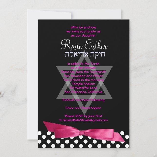 Bat Mitzvah Invitación Lazo Rosa Negro (Anverso)