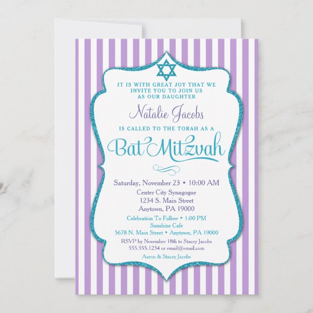 Bat Mitzvah Invitación Purple Verde azulado elegan (Anverso)