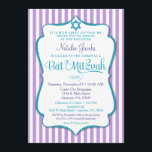 Bat Mitzvah Invitación Purple Verde azulado elegan<br><div class="desc">Una elegante invitación a Bat Mitzvah en color púrpura y verde azulado, con rayas moradas y blancas y marco de texto verde azulado purpurina junto con una verde azulada estrella purpurina de David. El marco de texto purpurina de esta elegante y clásica invitación a Bat Mitzvah presenta una sombra para...</div>
