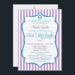 Bat Mitzvah Invitación Purple Verde azulado elegan<br><div class="desc">Una elegante invitación a Bat Mitzvah en color púrpura y verde azulado, con rayas moradas y blancas y marco de texto verde azulado purpurina junto con una verde azulada estrella purpurina de David. El marco de texto purpurina de esta elegante y clásica invitación a Bat Mitzvah presenta una sombra para...</div>