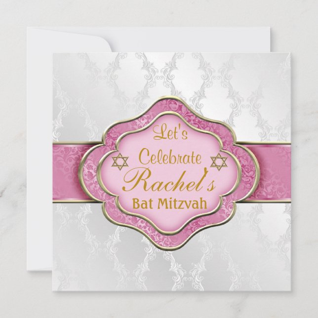 Bat Mitzvah INVITACIONES PINK BLANCO ELEGANTE Dama (Anverso)