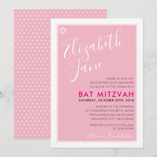 BAT MITZVAH jewish star elegante invitación rosa (Anverso / Reverso)