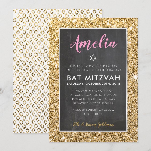 BAT MITZVAH luxe la invitación del purpurina de or (Anverso / Reverso)