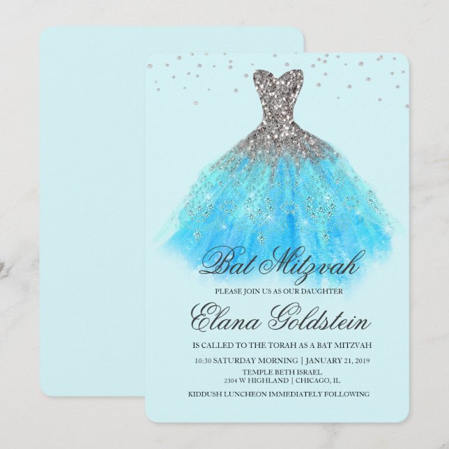 Bat Mitzvah Purpurina Vestir Invitación al diamant (Anverso / Reverso)