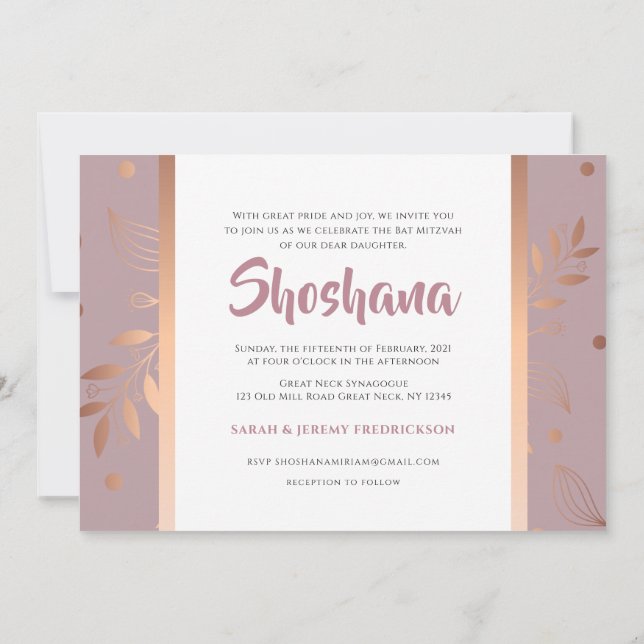Bat Mitzvah Rosa Invitación a la Flora Dorada (Reverso)