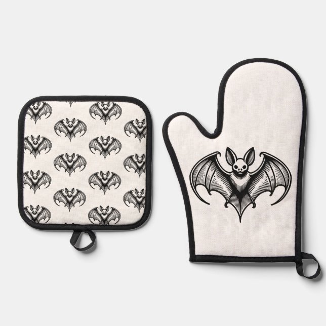 Bat Patterned Oven Mitt and Pot Holder set (Anverso)