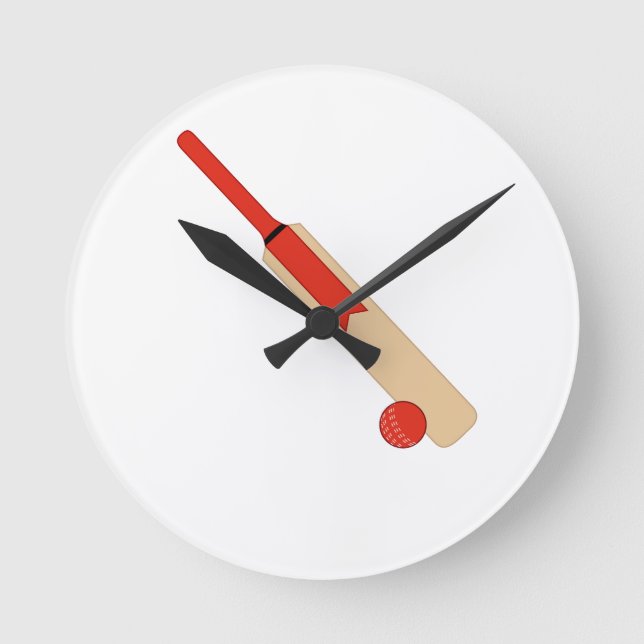 Bate de críquet rojo y reloj de pared de bolas (Anverso)