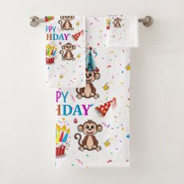 Bath Towel Sets, Happy Birthday Monkey Cupcake