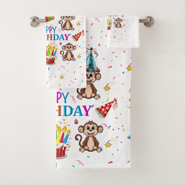 Bath Towel Sets, Happy Birthday Monkey Cupcake (In situ)