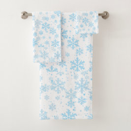 Bath Towels Blue Snowflakes Falling On White