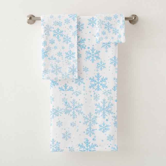 Bath Towels Blue Snowflakes Falling On White (In situ)