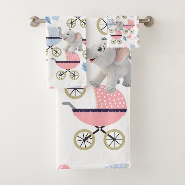 Bathroom Towel Sets Baby Stroller Elephant Pink (In situ)