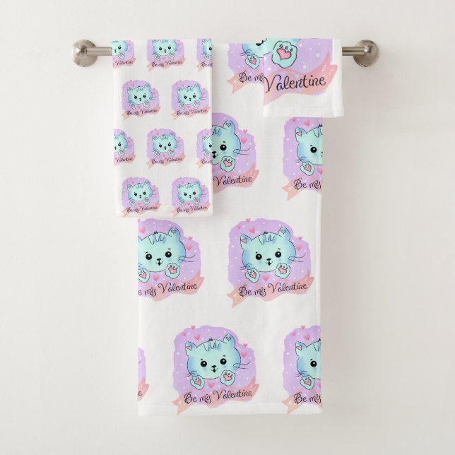 Bathroom Towel Sets Valentine's Day Cat Be Mine (In situ)