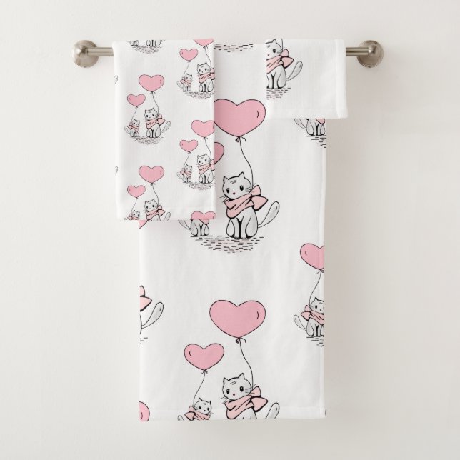 Bathroom Towel Sets Valentine's Day Cat Pink Heart (In situ)