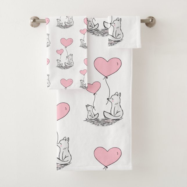 Bathroom Towel Sets Valentine's Foxy Pink Hearts (In situ)