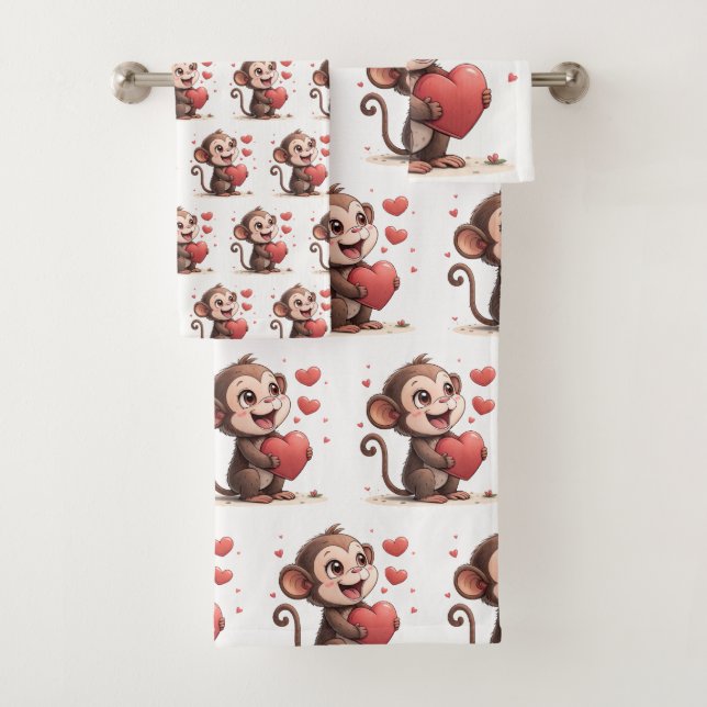 Bathroom Towel Sets Valentine's Monkey Red Heart (In situ)