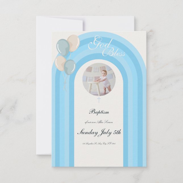 Bautismo azul moderno con foto Personalizado RSVP (Anverso)