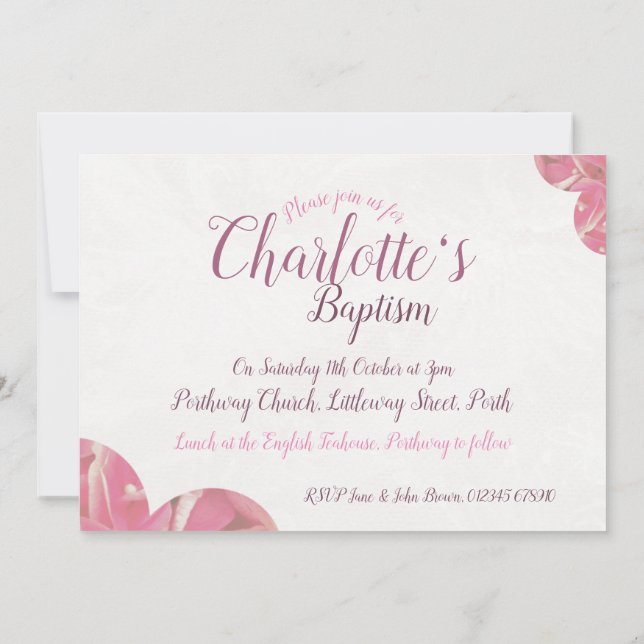 Bautismo chica invitaciones de flores rosas y blan (Reverso)
