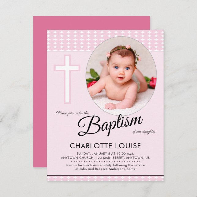 Bautismo Chica rosado, invitación a la cristiandad (Anverso / Reverso)