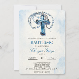 Bautismo crucifijo azul en invitación española