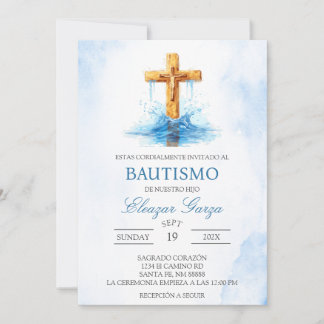 Bautismo crucifijo azul en invitación española