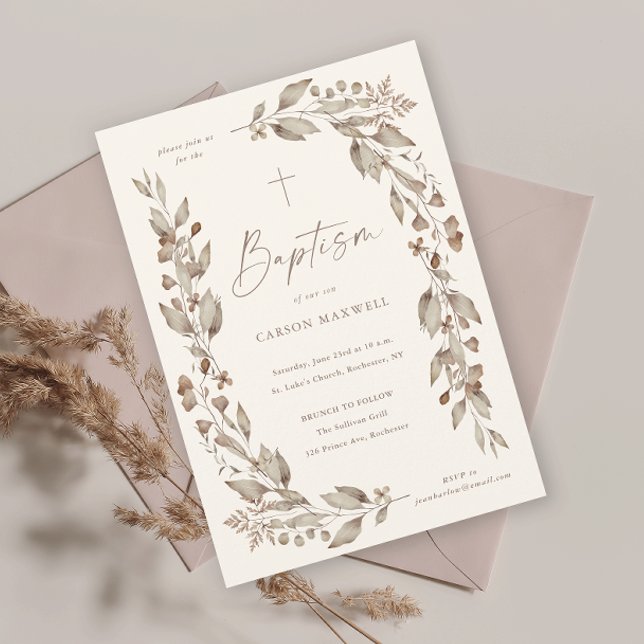 Bautismo de Flor Silvestre Boho Neutral en cuanto  (Boho wildflower elegant floral ivory gender neutral baptism invitation.)