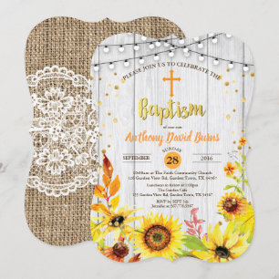 Bautismo de girasol invitación burlap madera rústi