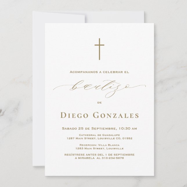 Bautismo de niño con invitación blanca dorada (Anverso)