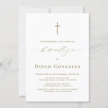 Bautismo de niño con invitación blanca dorada