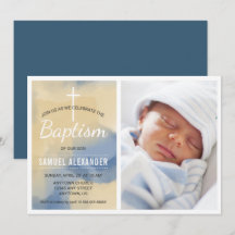 Bautismo de niño fotográfico, Invitación azul acua